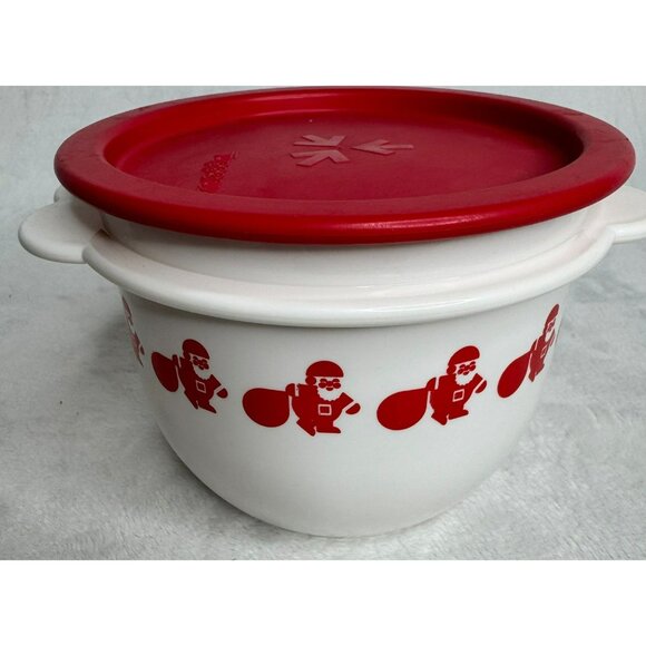 Tupperware White With Red Santa Bowl 2513A-1 26oz With Red Lid 26 oz. - Picture 2 of 9